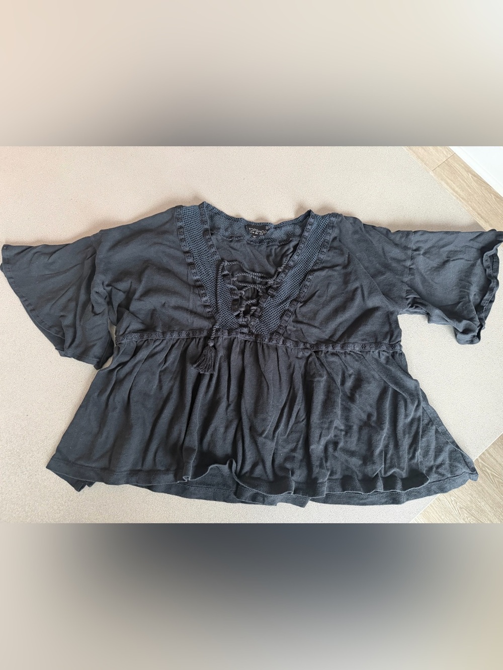 Topshop Black Lace-Up Crochet Boho Tunic